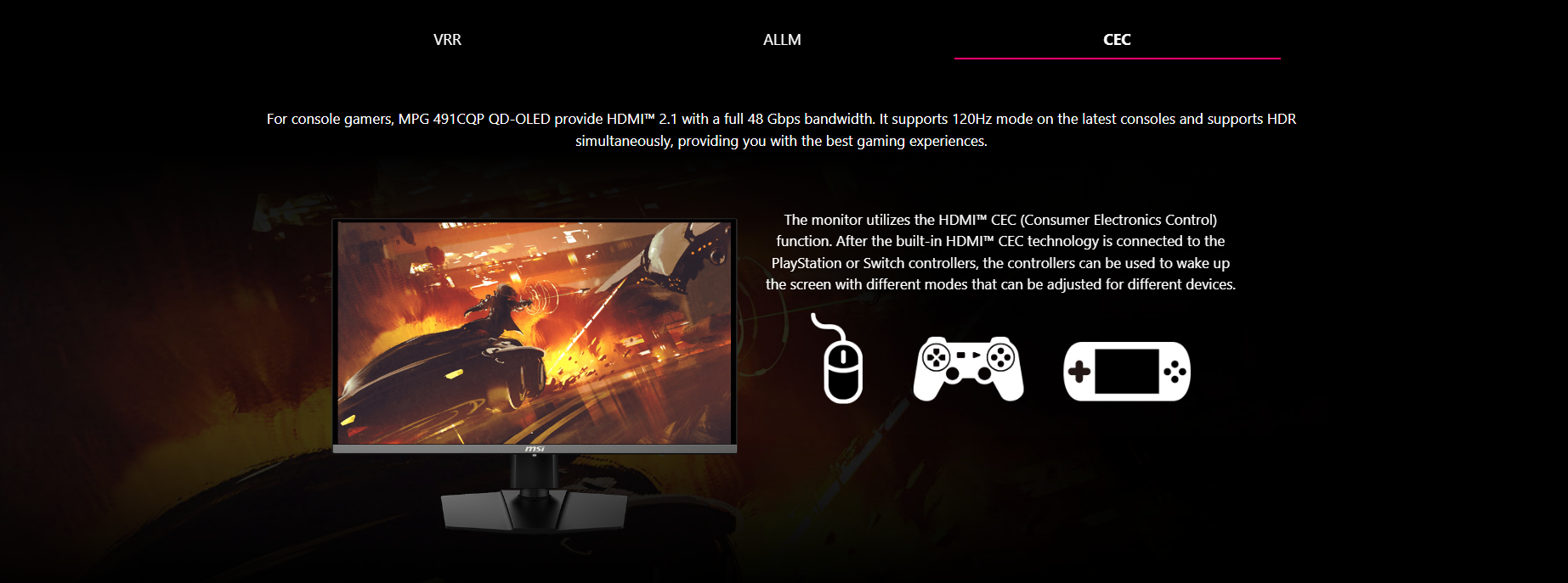 A large marketing image providing additional information about the product MSI MPG MPG 491CQP 49" Curved 144Hz QD-OLED Monitor - Additional alt info not provided